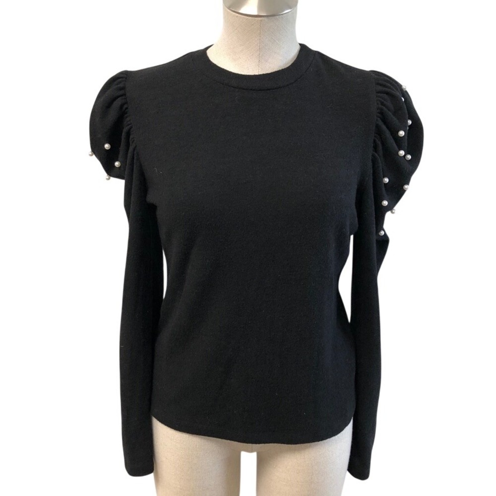 Pomander Place Top Womens Small Black Pearl Puff Shoulder Long Sleeve Coquette